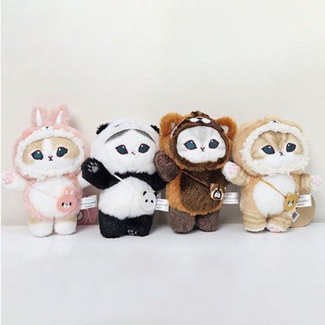 An officially licensed collection of four Mofusand plush cat charms in animal costumes: Pink Bunny, Giant Panda, Red Panda, and Brown Bear. Easy to attach to keys, totes, pants or backpacks with a clip-on chain.