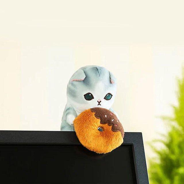 Officially licensed Mofusand plush featuring an adorable gray cat holding donut with folded ears