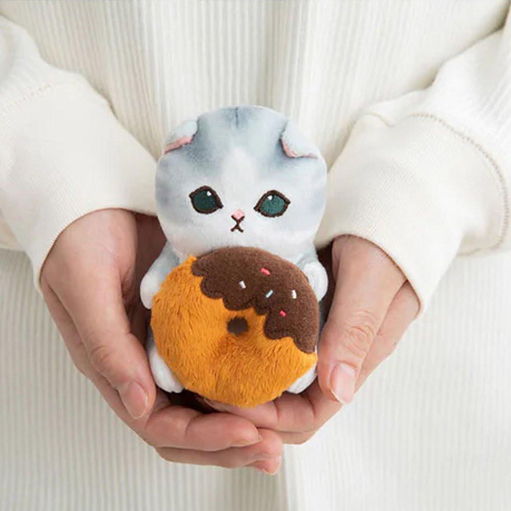 Officially licensed Mofusand plush featuring an adorable gray cat holding donut with folded ears