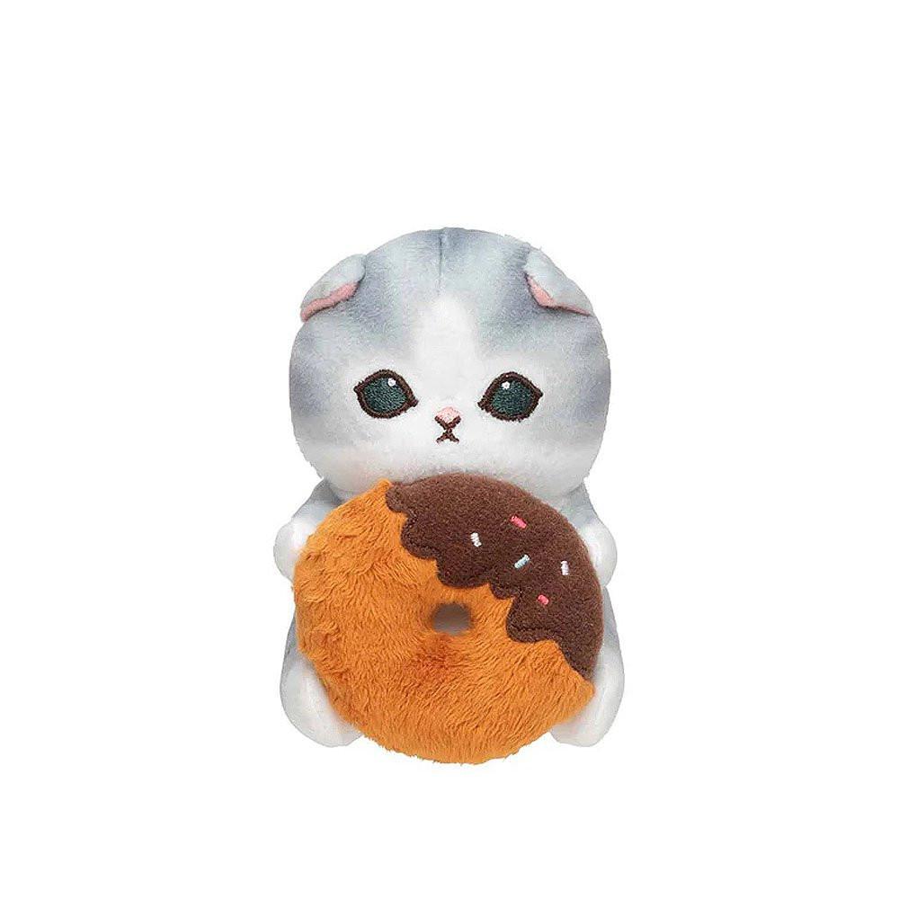 Officially licensed Mofusand plush featuring an adorable gray cat holding donut with folded ears
