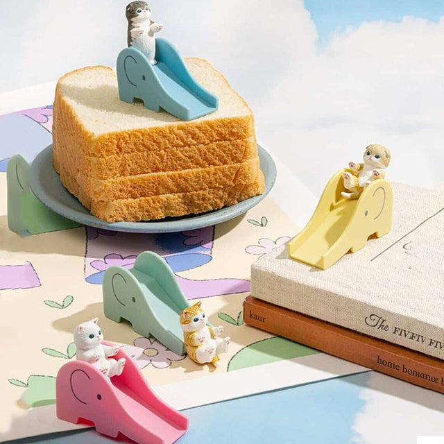 Four officially licensed collection of Mofusand blind boxes, featuring the Mofusand figures with elephant shaped slides in pastel colors