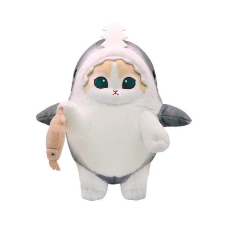 Office licensed by Mofusand cat is dressed in a shark costume and holding a cute squid in its paws. Perfect for Mofusand fans, this plush combines playful charm with cozy cuteness. It's a must-have addition for collectors and those who love unique and fun plushies!
