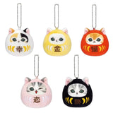 Officially licensed Mofusand Daruma Nyan Plush Keychain Blind Box showing round plush cats in colorful Daruma doll suits alongside a fortune paper slip