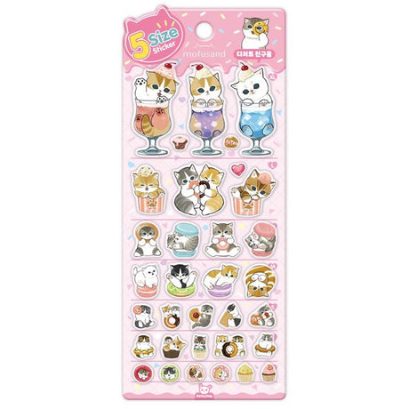 A sheet of officially licensed Mofusand stickers featuring various cats combined with desserts like parfaits, donuts, and macarons, organized by size from XL at the top to small at the bottom