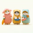 Three officially licensed Mofusand figures each in fluffy pajamas of pink, yellow, and blue color