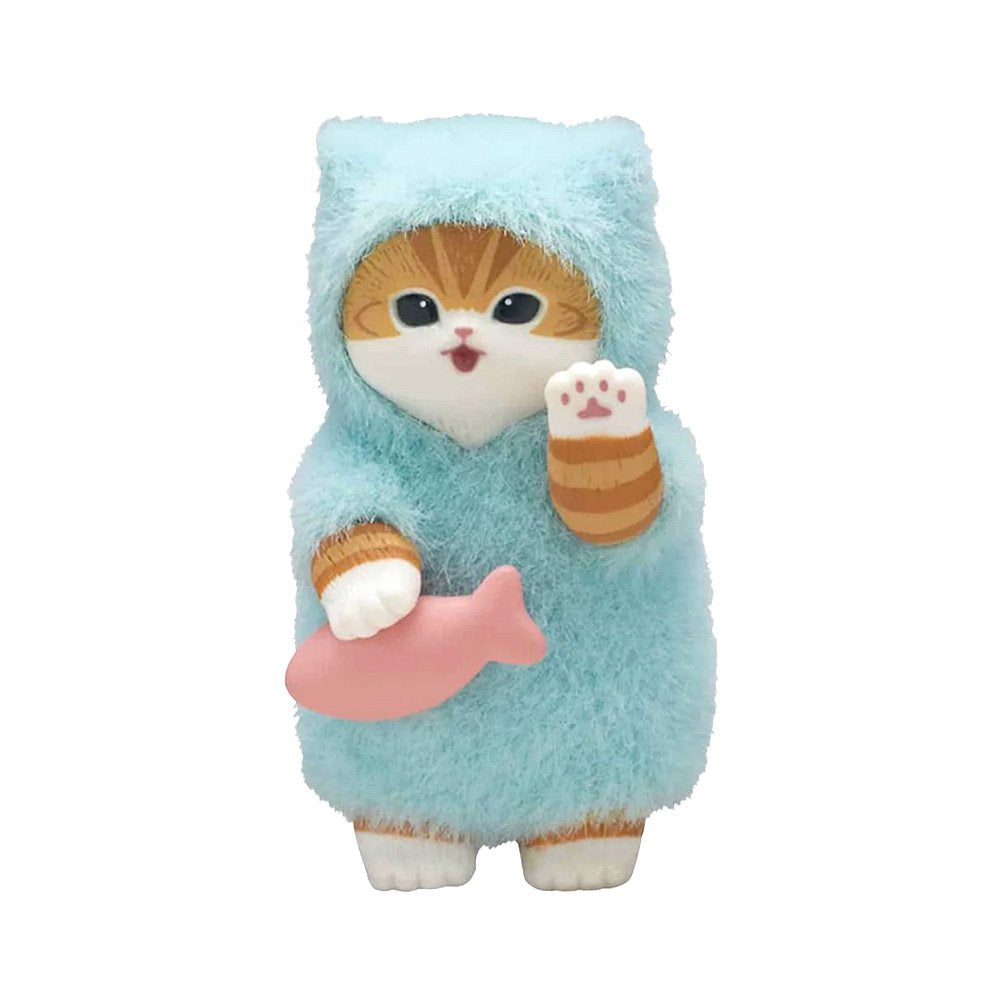 Three officially licensed Mofusand figures each in fluffy pajamas of pink, yellow, and blue color