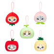 A collection of five officially licensed Mofusand plush charms featuring cats wearing strawberry, peach, melon, apple, and pineapple costumes. Each small, round plush has a pink hanging loop and displays a unique cat facial expression.