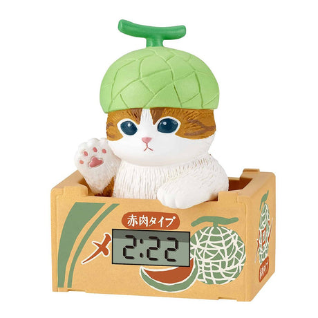 Mofusand in box-shaped clock with a melon hat on a white background
