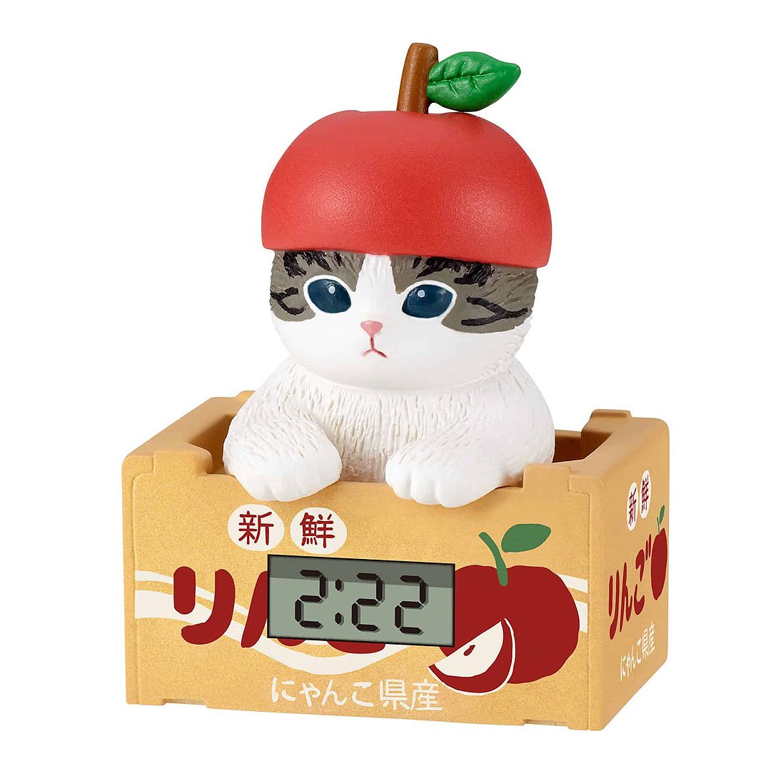 Mofusand blind box miniature clock, a collectible cat figure in a apple costume, ideal for kawaii Japanese stationery and desk accessories.