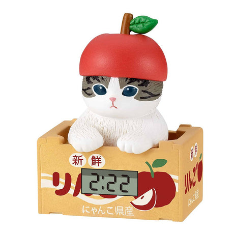 Mofusand blind box miniature clock, a collectible cat figure in a apple costume, ideal for kawaii Japanese stationery and desk accessories.