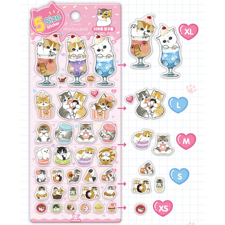 A sheet of officially licensed Mofusand stickers featuring various versions, organized by size from XL at the top to small at the bottom
