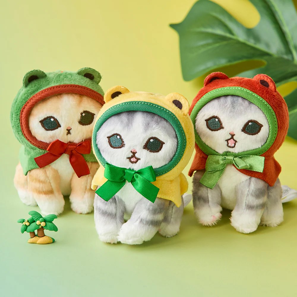 An officially licensed Mofusand plush mascot keychains of three kittens, each wearing a frog hood with a bow