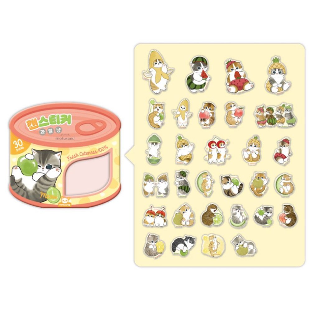 An officially licensed Mofusand sticker set in an orange and yellow tin shaped like a cat food can. The label features a kitten playing with a green grape and a window showing several fruit-themed cat stickers inside.