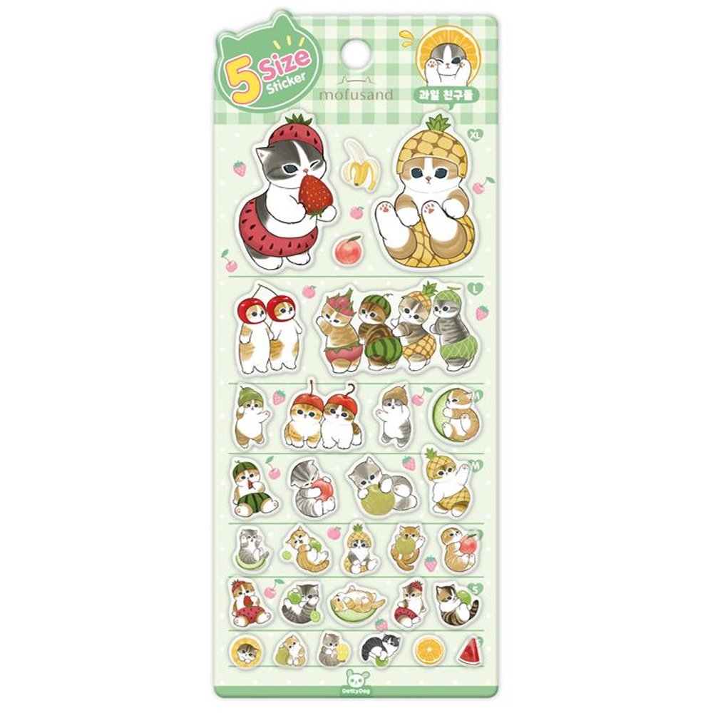 A sheet of officially licensed Mofusand stickers featuring various cats dressed in fruit-themed outfits like strawberries and pineapples, organized by size from XL at the top to small at the bottom