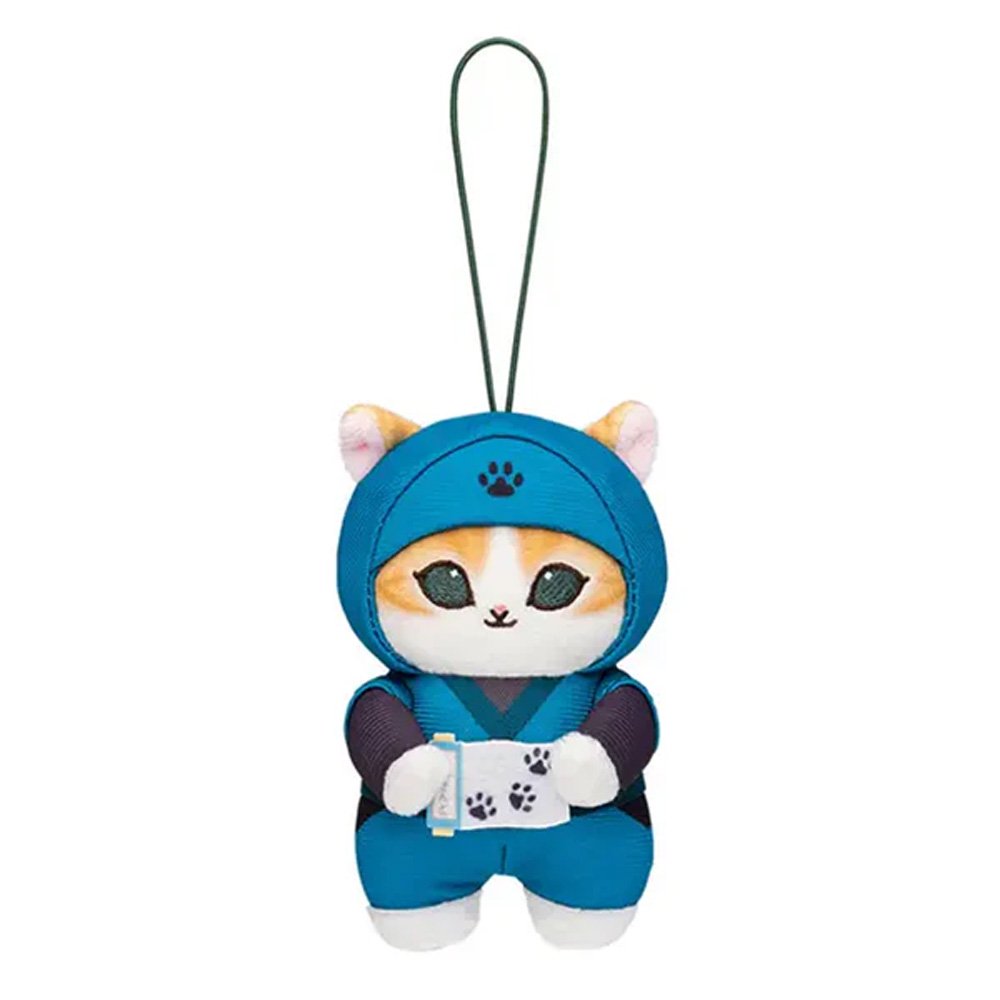 An officially licensed Mofusand Ninja Plush Keychain featuring a white/yellow cat in a green ninja suit and hood with a paw print logo, holding a white scroll with paw prints