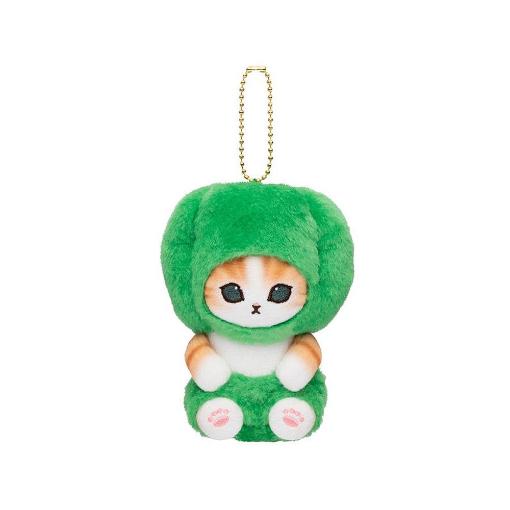Mofusand cat Plush keychain of a cat in a green bell pepper costume on a white background