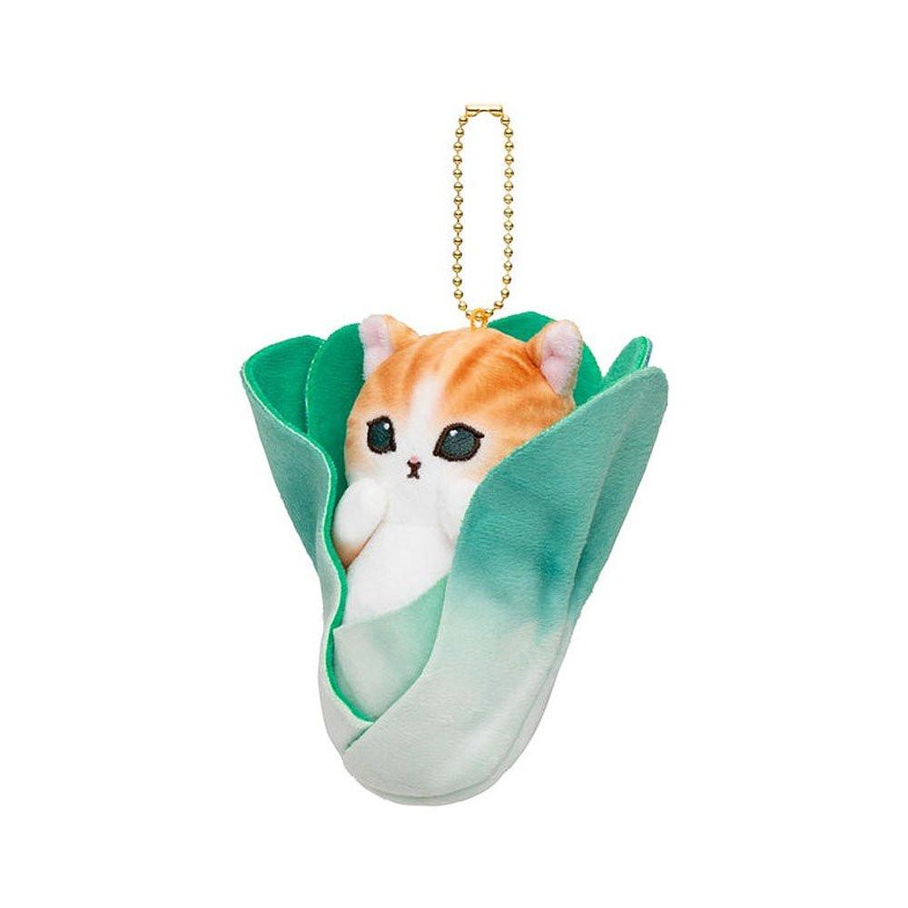 An adorable mofusand Bok choy cat plush keychain featuring a ginger tabby kitten nestled inside a green leafy bok choy vegetable wrap.