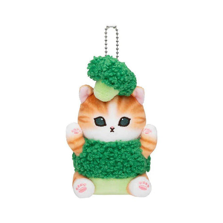 A delightful officially licensed collection of Mofusand vegetable cat plushies featuring kittens dressed in vibrant costumes like eggplant, radish, tomato, pumpkin, broccoli, and cauliflower