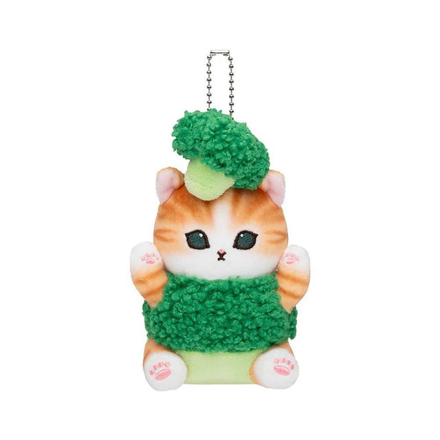A delightful officially licensed collection of Mofusand vegetable cat plushies featuring kittens dressed in vibrant costumes like eggplant, radish, tomato, pumpkin, broccoli, and cauliflower