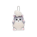 An adorable mofusand cauliflower cat plush keychain featuring a grey tabby kitten in a textured, fluffy white vegetable costume with a silver ball chain