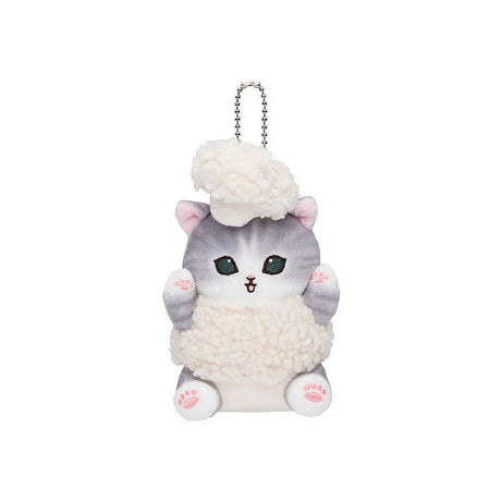 An adorable mofusand cauliflower cat plush keychain featuring a grey tabby kitten in a textured, fluffy white vegetable costume with a silver ball chain