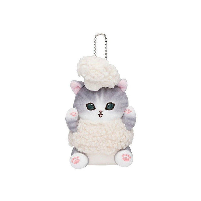 An adorable mofusand cauliflower cat plush keychain featuring a grey tabby kitten in a textured, fluffy white vegetable costume with a silver ball chain