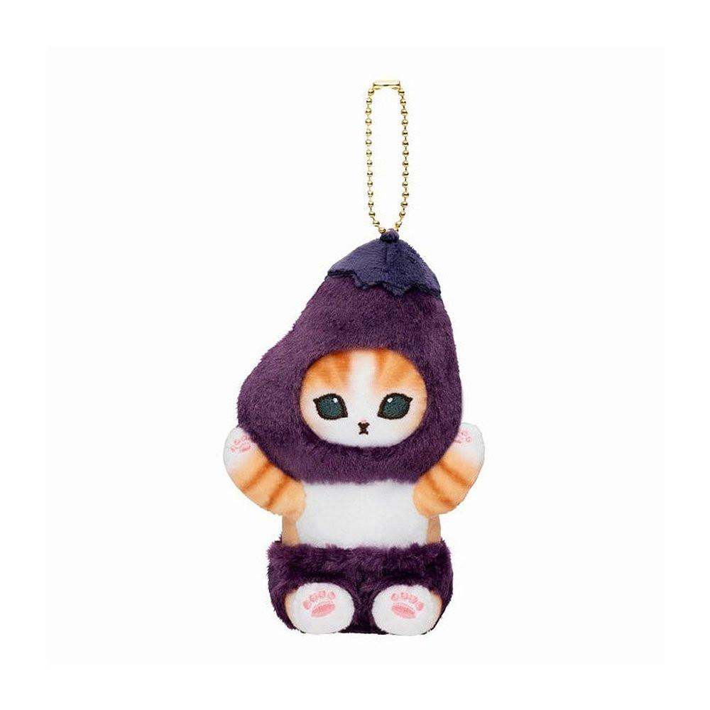An adorable mofusand eggplant cat plush keychain featuring an orange tabby kitten wearing a fuzzy purple vegetable costume with a gold ball chain