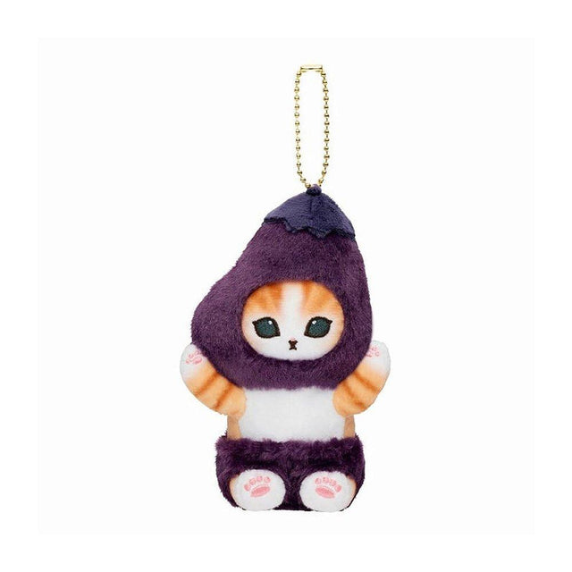 An adorable mofusand eggplant cat plush keychain featuring an orange tabby kitten wearing a fuzzy purple vegetable costume with a gold ball chain
