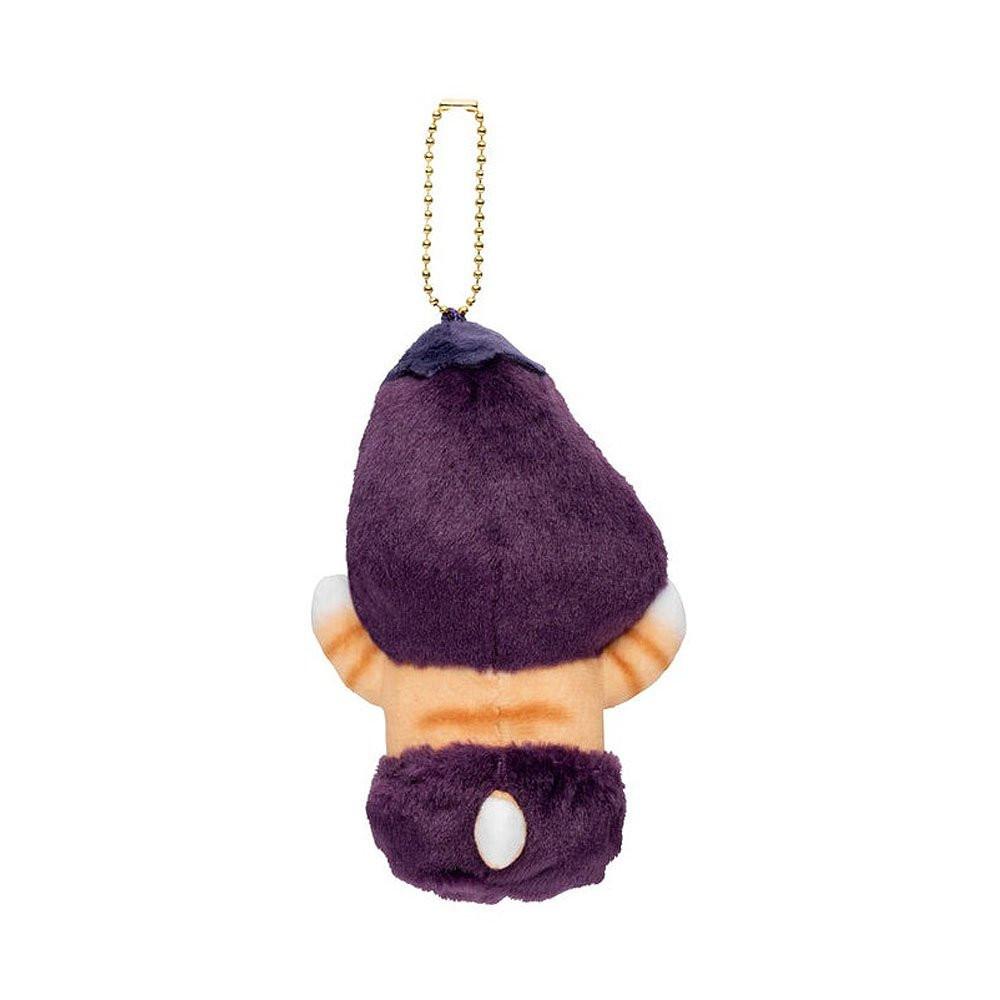An adorable mofusand eggplant cat plush keychain featuring an orange tabby kitten wearing a fuzzy purple vegetable costume with a gold ball chain