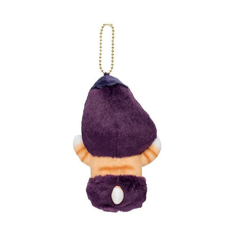 An adorable mofusand eggplant cat plush keychain featuring an orange tabby kitten wearing a fuzzy purple vegetable costume with a gold ball chain