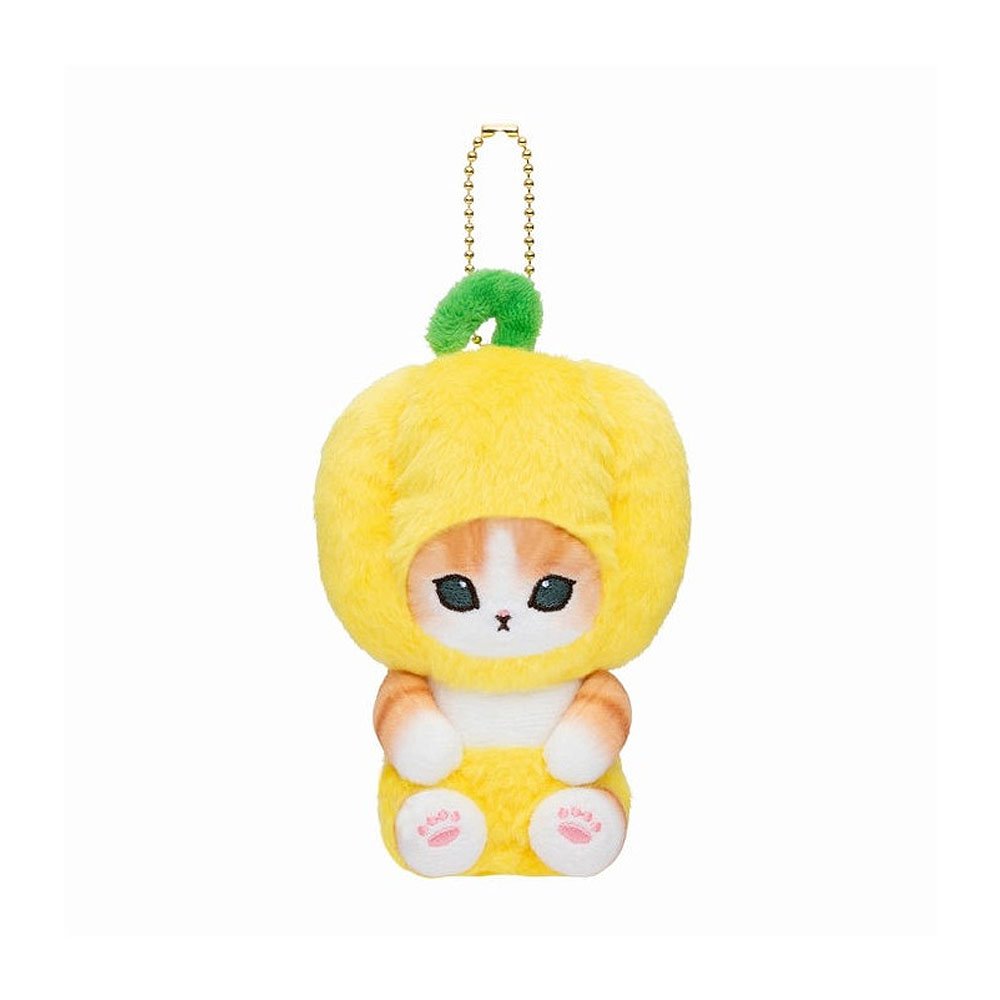 Mofusand Plush keychain of a cat in a paprika costume on a white background