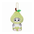 An adorable mofusand pear cat plush keychain featuring a grey tabby kitten wearing a fuzzy light green fruit costume with a brown stem and leaf detail