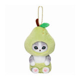 An adorable mofusand pear cat plush keychain featuring a grey tabby kitten wearing a fuzzy light green fruit costume with a brown stem and leaf detail