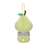An adorable mofusand pear cat plush keychain featuring a grey tabby kitten wearing a fuzzy light green fruit costume with a brown stem and leaf detail
