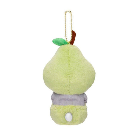 An adorable mofusand pear cat plush keychain featuring a grey tabby kitten wearing a fuzzy light green fruit costume with a brown stem and leaf detail