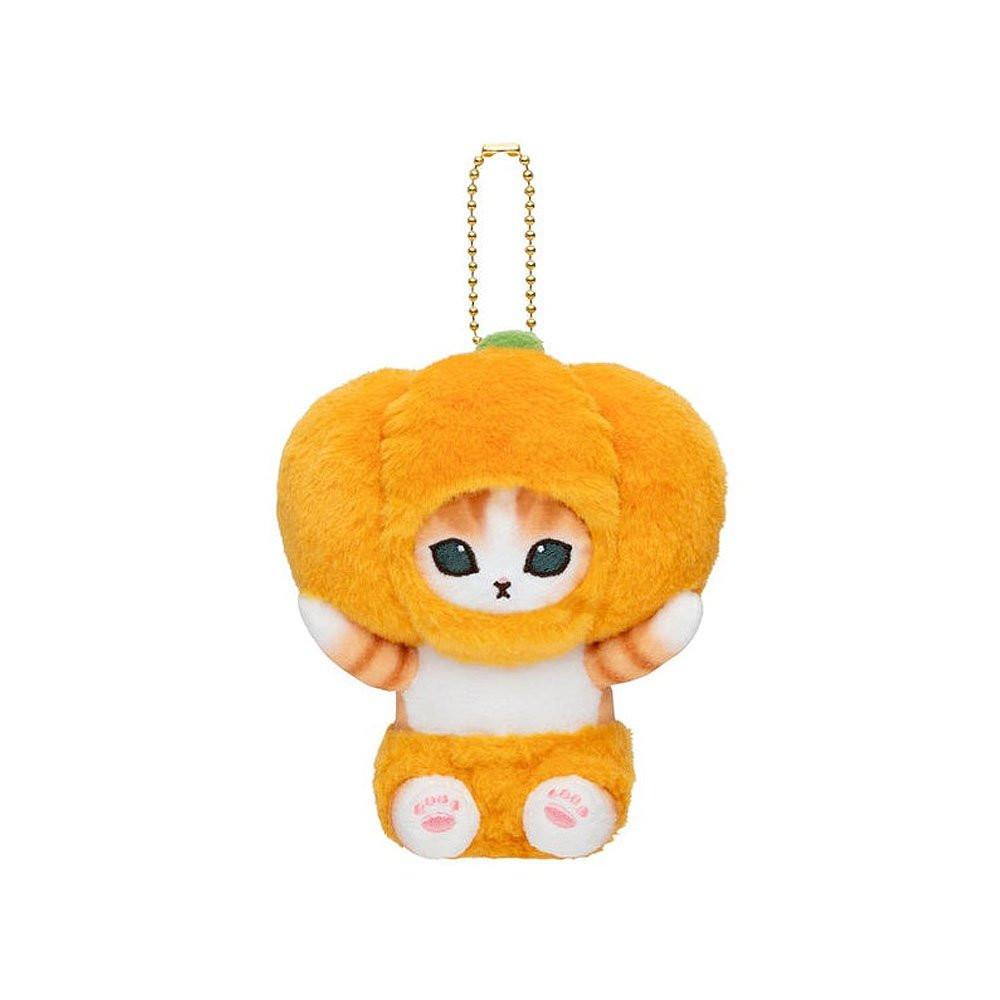 An adorable mofusand pumpkin cat plush keychain featuring a ginger tabby kitten in a round, fluffy orange pumpkin costume with a green stem and a gold ball chain