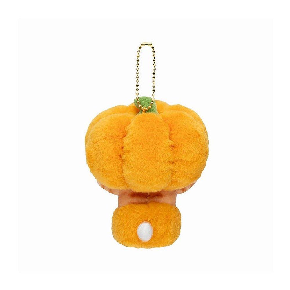 An adorable mofusand pumpkin cat plush keychain featuring a ginger tabby kitten in a round, fluffy orange pumpkin costume with a green stem and a gold ball chain
