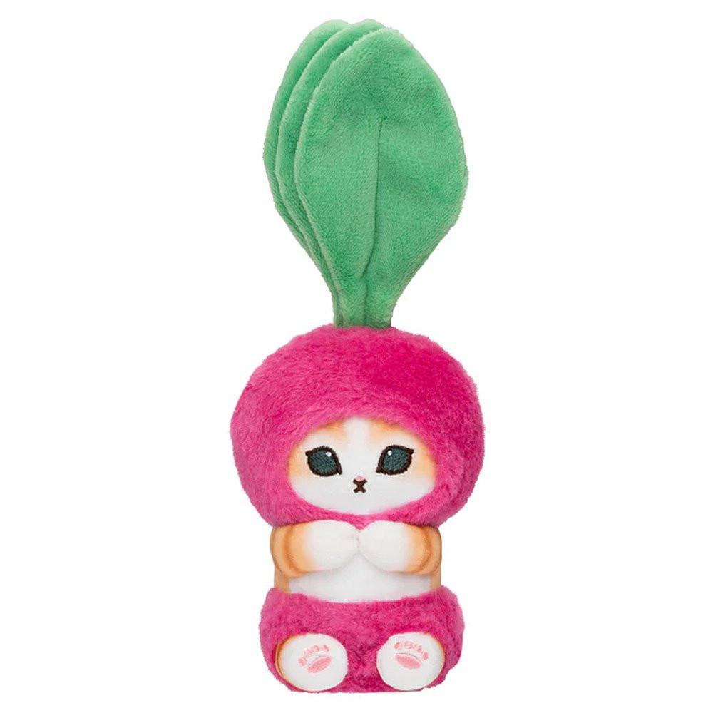 A delightful officially licensed collection of Mofusand vegetable cat plushies featuring kittens dressed in vibrant costumes like eggplant, radish, tomato, pumpkin, broccoli, and cauliflower