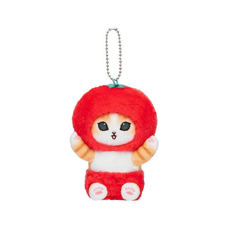Mofusand cat Plush keychain with a red tomato custume on a white background