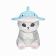 A soft Mofusand whale shark cat plush featuring a white and grey kitten wearing a light blue spotted whale shark hat