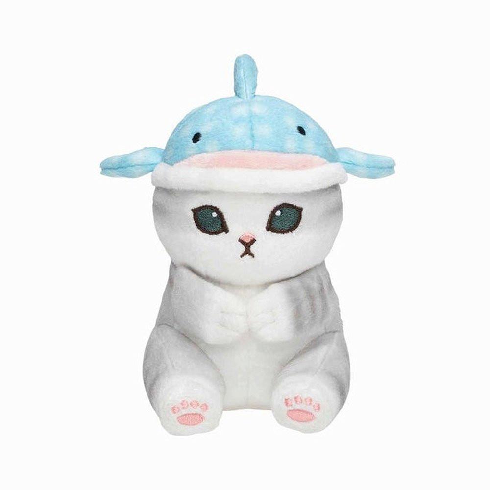 A soft Mofusand whale shark cat plush featuring a white and grey kitten wearing a light blue spotted whale shark hat