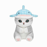 A soft Mofusand whale shark cat plush featuring a white and grey kitten wearing a light blue spotted whale shark hat
