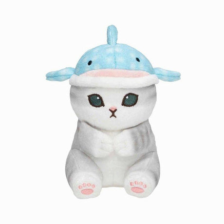 A soft Mofusand whale shark cat plush featuring a white and grey kitten wearing a light blue spotted whale shark hat