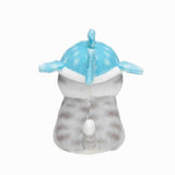 A soft Mofusand whale shark cat plush featuring a white and grey kitten wearing a light blue spotted whale shark hat