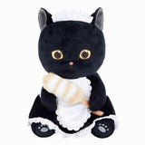 Officially licensed Mofusand black cat plush dressed as a classic maid and holding feather duster