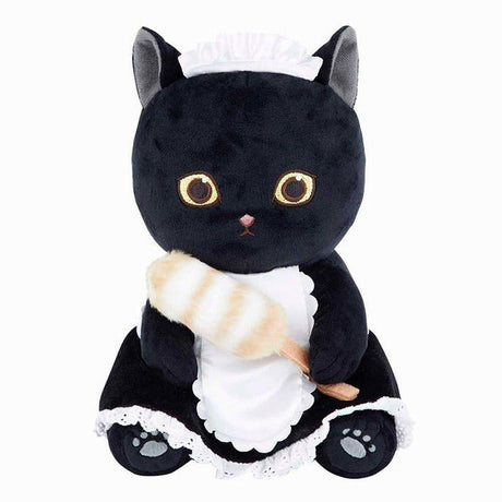Officially licensed Mofusand black cat plush dressed as a classic maid and holding feather duster