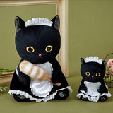 Officially licensed Mofusand black cat plush dressed as a classic maid and holding feather duster