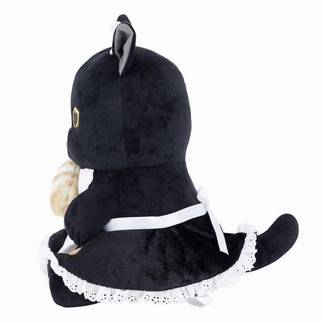 Officially licensed Mofusand black cat plush dressed as a classic maid and holding feather duster