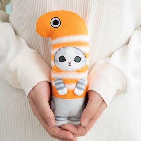 Officially licensed Mofusand cat plush keychain wearing an orange gorgasia sea eel head costume