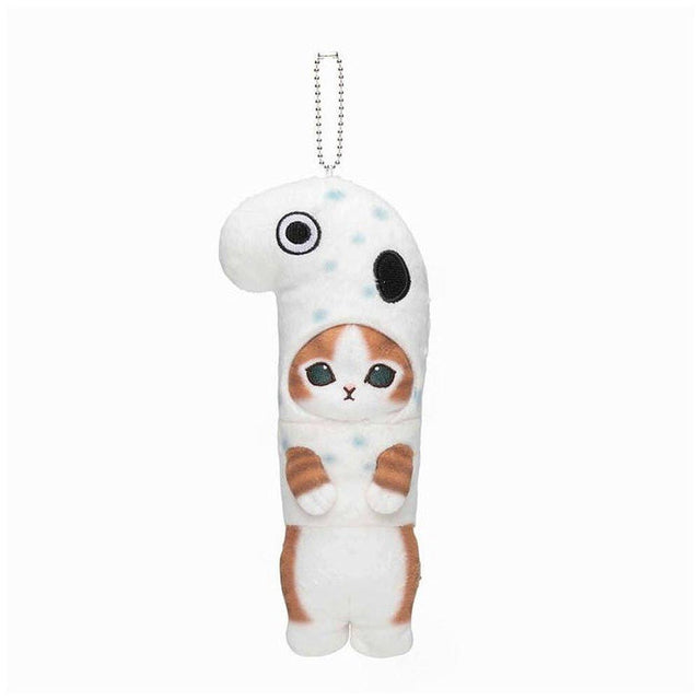 Officially licensed Mofusand cat plush keychain wearing a white sea eel head costume